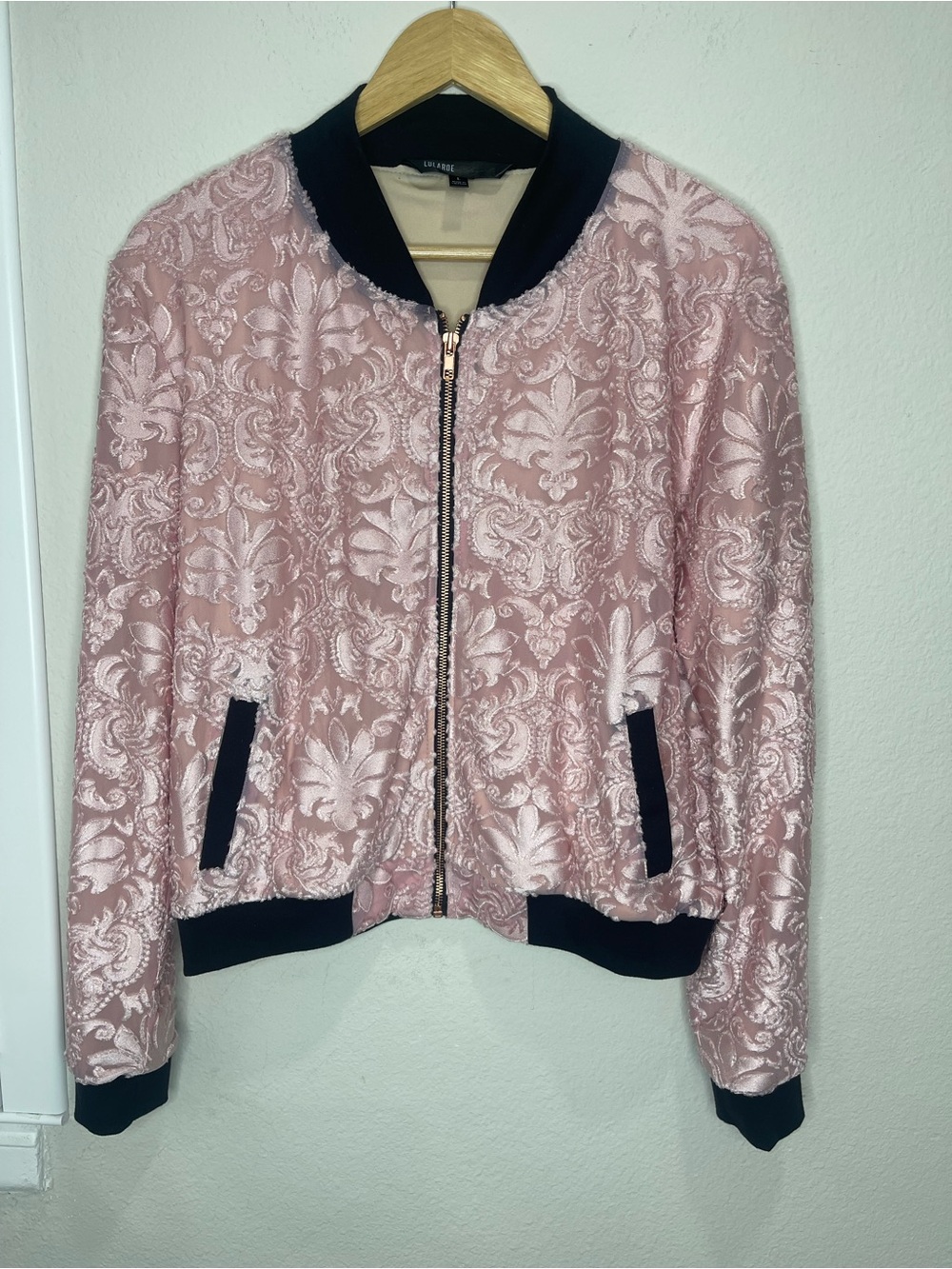 Lularoe Stevie Bomber Jacket with Black Trim - Chic Floral Jacquard